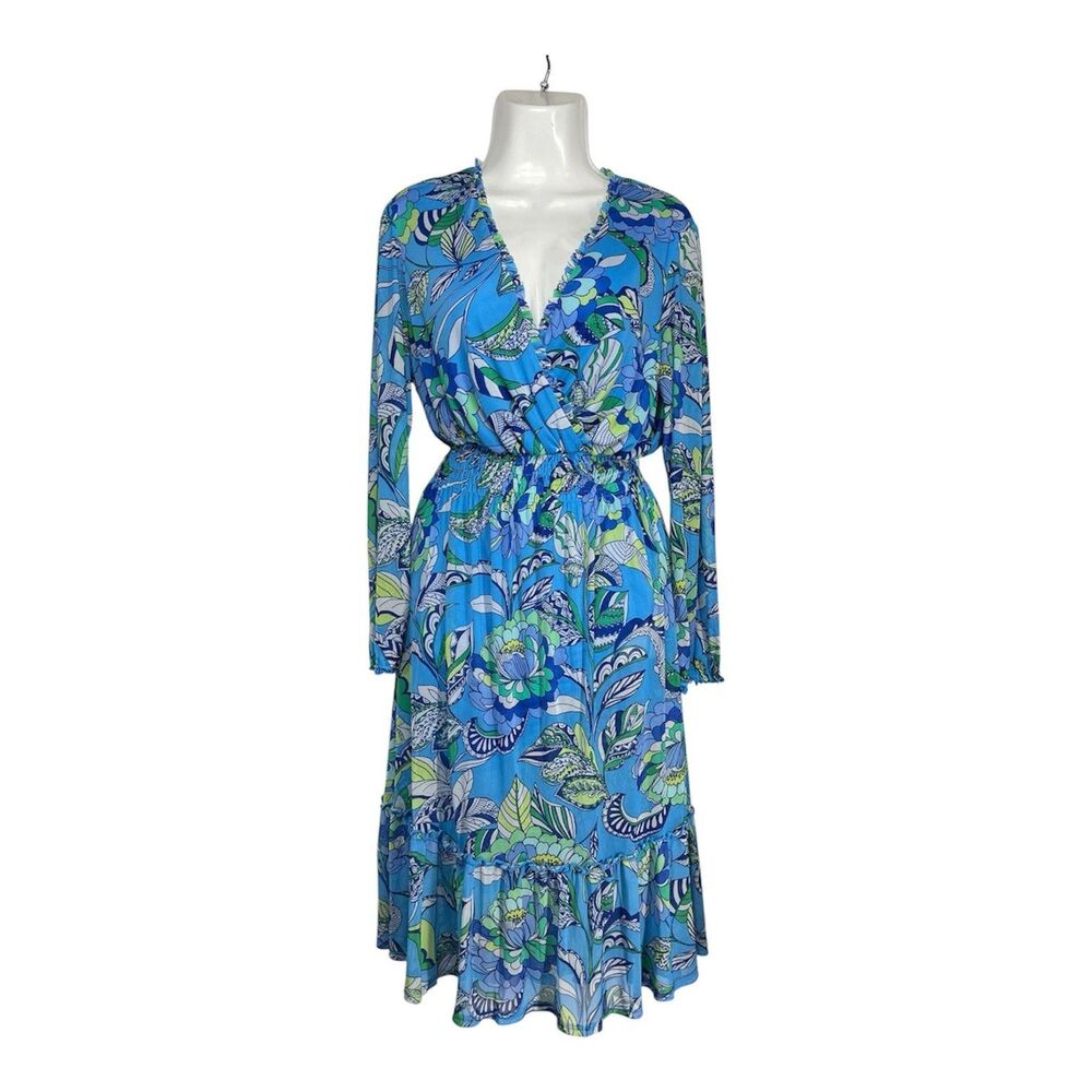 Kate & Lily Floral Faux Wrap Ruffle Hem Dress 12 Blue Green Long Sleeve Smocked
